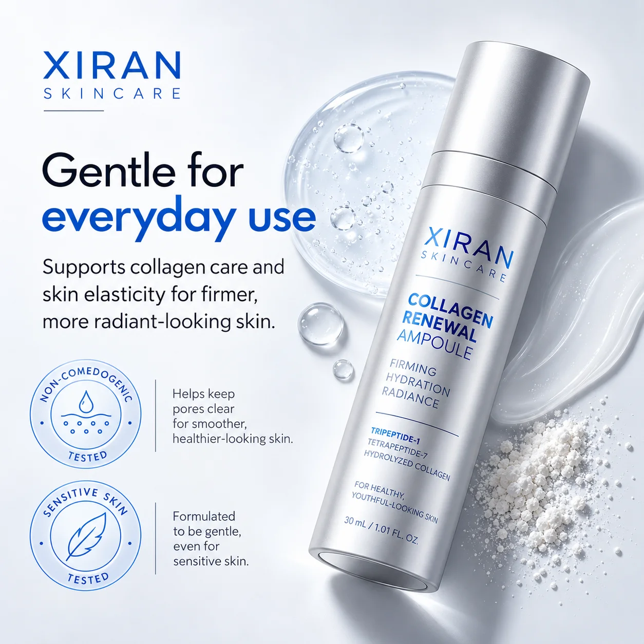 XIRAN Skincare Collagen Renewal Ampoule with gentle formula for everyday use, providing firming, hydration, and radiance benefits.